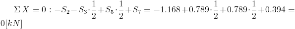 /Sigma/, X=0: -S_2-S_3/cdot /frac{1}{2}+S_5/cdot /frac{1}{2}+S_7=-1.168+0.789/cdot /frac{1}{2}+0.789/cdot /frac{1}{2}+0.394=0[kN]