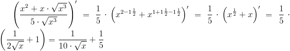 Obliczenie pochodnej funkcji f(x)=(x^2+x * sqrt(x^3)) / (5 * sqrt(x^3))