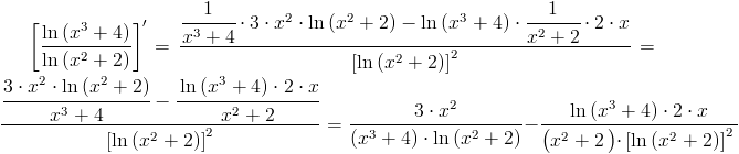 Obliczanie pochodnej funkcji f(x)=(ln (x^3+4))/(ln(x^2+2))
