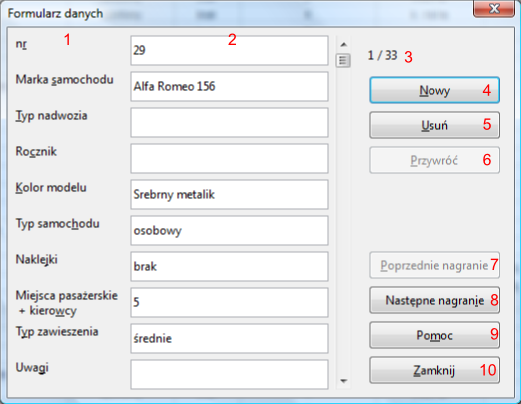 Widok okna Formularz danych programu Calc pakietu LibreOffice