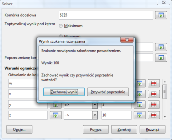 Widok okna rozwiązania narzędziem Solver programu Calc pakietu LibreOffice