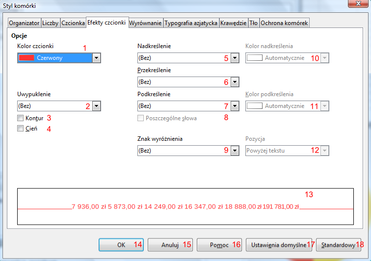 Okno Styl komórki programu Calc pakietu LibreOffice