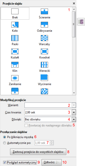 Okno Przejście slajdu w programie Impress pakietu LibreOffice