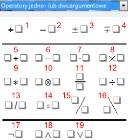 Widok wycinku okna Elementy programu Math pakietu LibreOffice dla trybu wstawiania podstawowych operatorów matematycznych