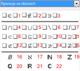 Widok części okna Elementy programu Math pakietu LibreOffice z widocznymi przyciskami do wstawiania symboli operacji na zbiorach i oznaczeń zbiorów