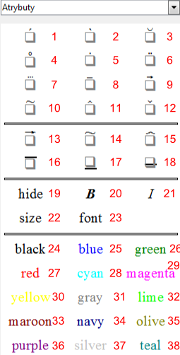 Widok części okna Elementy programu Math pakietu LibreOffice pokazująca opcje związane z dodatkowymi oznaczeniami i formatowaniem tekstu