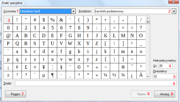 Widok okna Znaki specjalne programu Writer pakietu LibreOffice