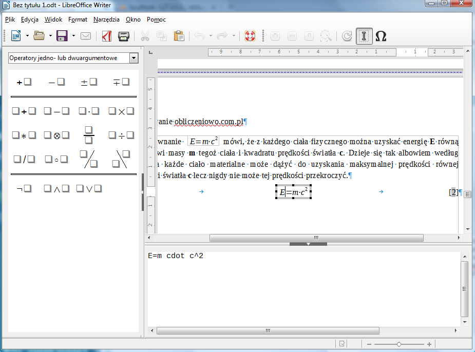 Widok programu Writer pakietu LibreOffice w trybie wstawiania równań matematycznych