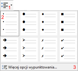 Widok rozwiniętego menu przycisku listy wypunktowanej programu Writter pakietu LibreOffice