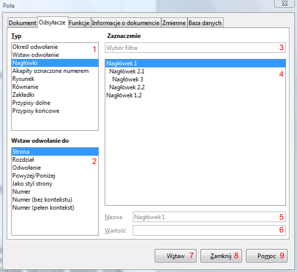 Widok zakładki Odsyłacze okna Pole w programie Writer pakietu LibreOffice