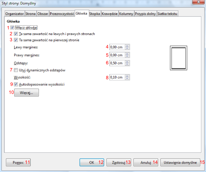 Widok zakładki Główka okna dialogowego Styl strony w programie Writer pakietu LibreOffice
