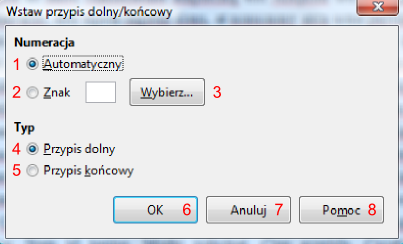 Okno Wstaw przypis dolny/końcowy w programie Writer pakietu LibreOffice