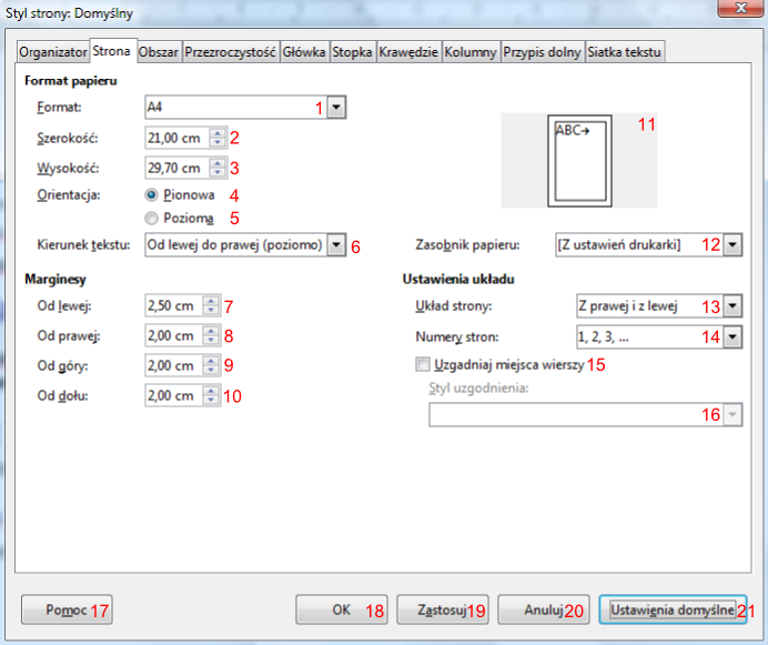 Widok zakładki Strona okna Styl strony programu Writer pakietu LibreOffice
