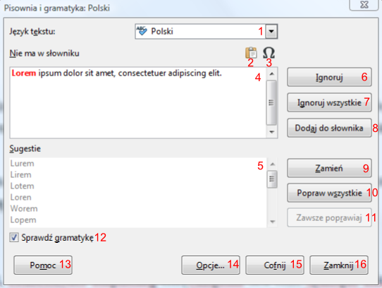 Okno Pisownia i gramatyka: Polski w programie Writer pakietu LibreOffice