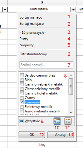 Przykład opcji autofiltru w programie Calc pakietu LibreOffice