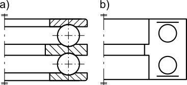 Łożysko kulkowe wzdłużne dwu-kierunkowe: <b>a)</b> w przedstawieniu uproszczonym; <b>b)</b> w przedstawieniu umownym.