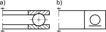Łożysko kulkowe wzdłużne jedno-kierunkowe: <b>a)</b> w przedstawieniu uproszczonym; <b>b)</b> w przedstawieniu umownym.