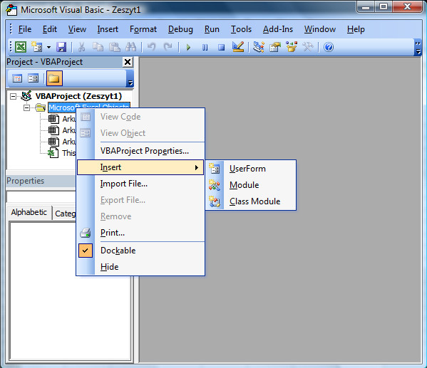 Microsoft Visual Basic - menu dodawanie elementów projektu