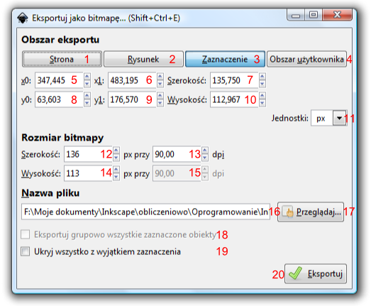 Okno dialogowe Eksportuj jako bitmapę w programie Inkscape