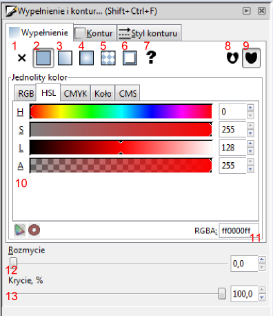 Paleta zawierająca zaawansowane opcje formatowania wypełnienia obiektów w programie Inkscape