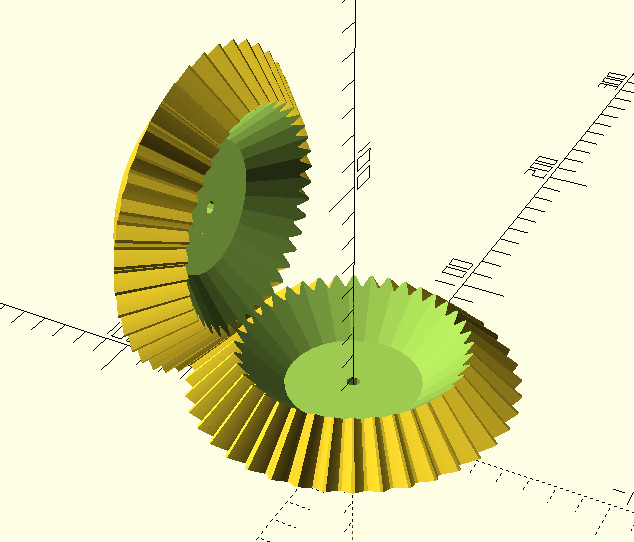 OpenSCAD - przykład rysunku dwóch kół zębatych przekładni kątowej wygenerowanych za pomocą modułu bevel_gear_pair dostępnego w bibliotece MCAD