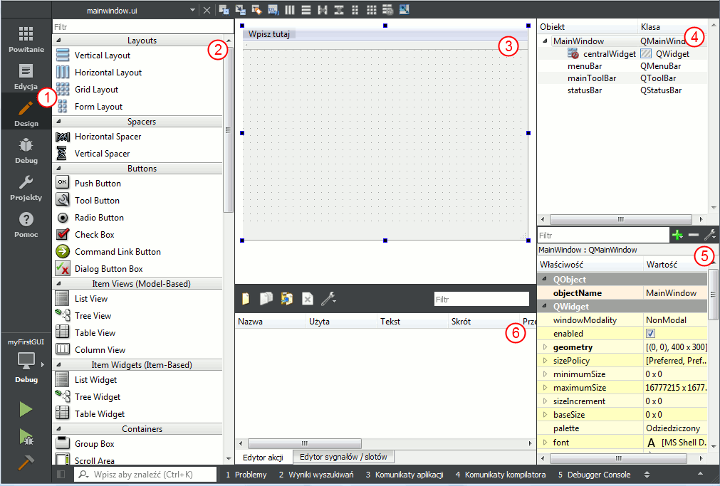 Widok okna programu Qt Creator w trybie projektowania GUI