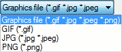 Widok listy filtrów dostępnych w oknie Open file
