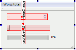 Qt Creator - przykładowy widok utworzenia połączenia sygnału kontrolki QSpinBox z slotem kontrolki QSlider