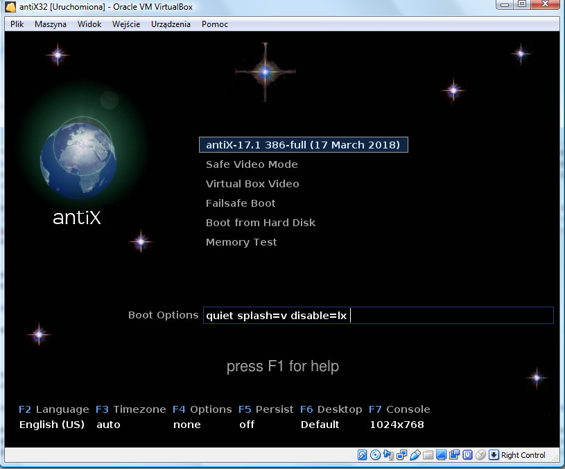 VirtualBox - opcje rozruchu systemu antiX z obrazu płyty ISO