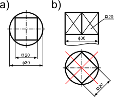 Przykład wymiarowania z zastosowaniem symbolu kwadratu w dwóch wersjach:  <b>a)</b> w widoku z góry; <b>b)</b> w widoku z boku.