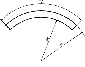 Przykład wymiarowania z użyciem symbolu długości łuku i symbolu promienia.